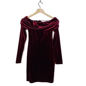 Bardot Merlot Red Velvet Off Shoulder Mini Dress
